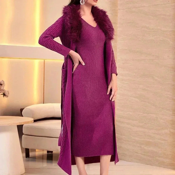 Red Violet Casual Womens Fuzzy Trim Belted Cardigan & Rib Knit Sweater Dress - Picture 4 of 5